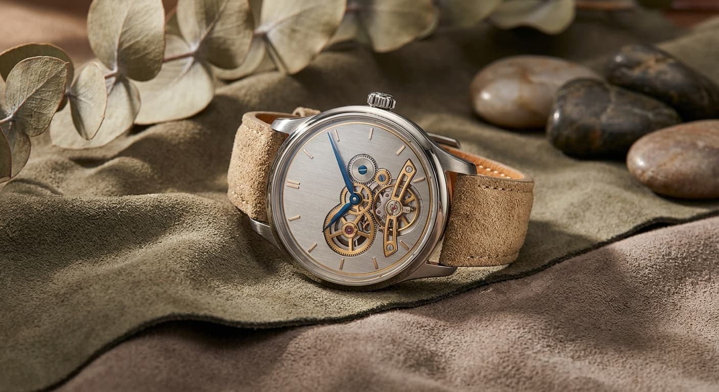 Macro view of a luxury mechanical wristwatch on suede