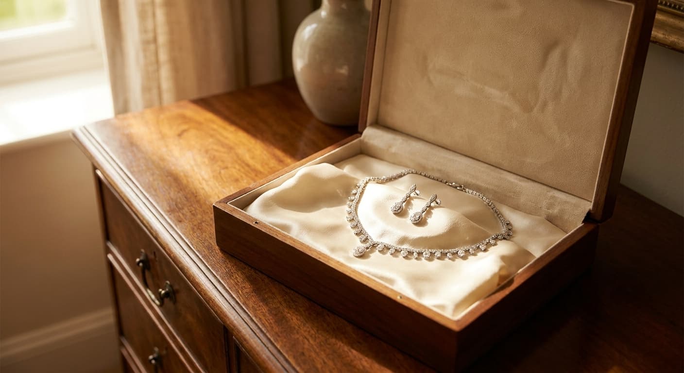 Open luxury jewellery box revealing a diamond necklace and earrings