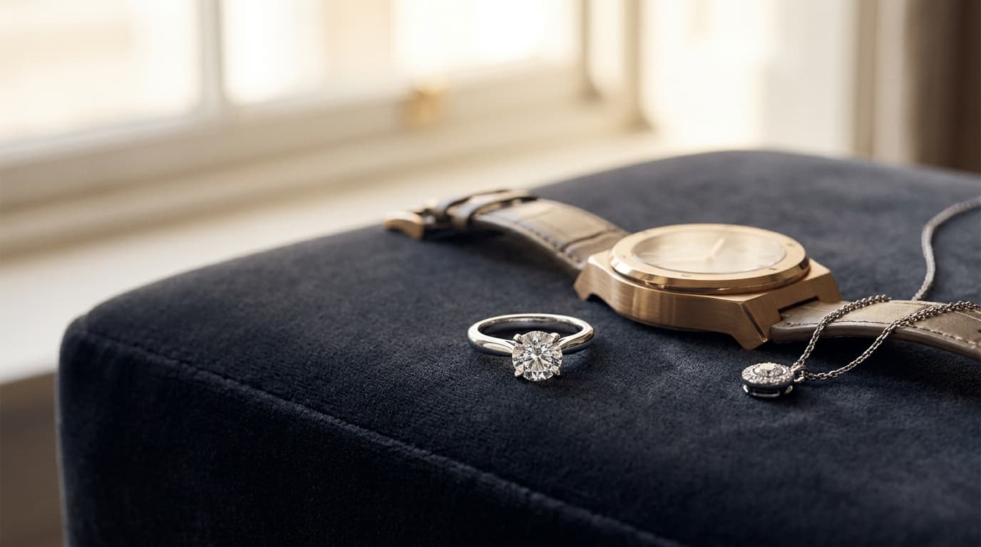Fine jewellery on dark velvet including a diamond ring, luxury watch and diamond necklace