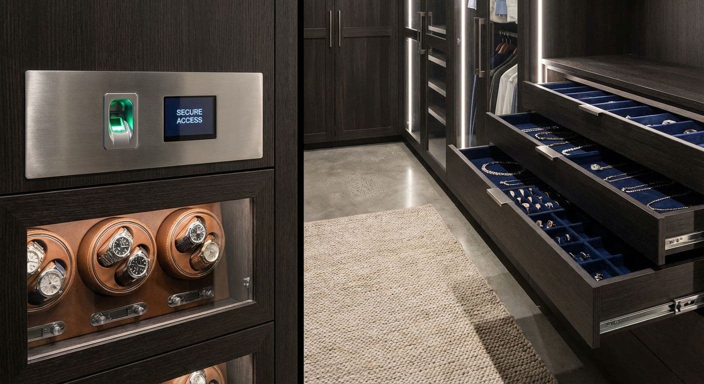 A high-security home safe with watch winders and jewelry drawers in a luxury Australian residence.