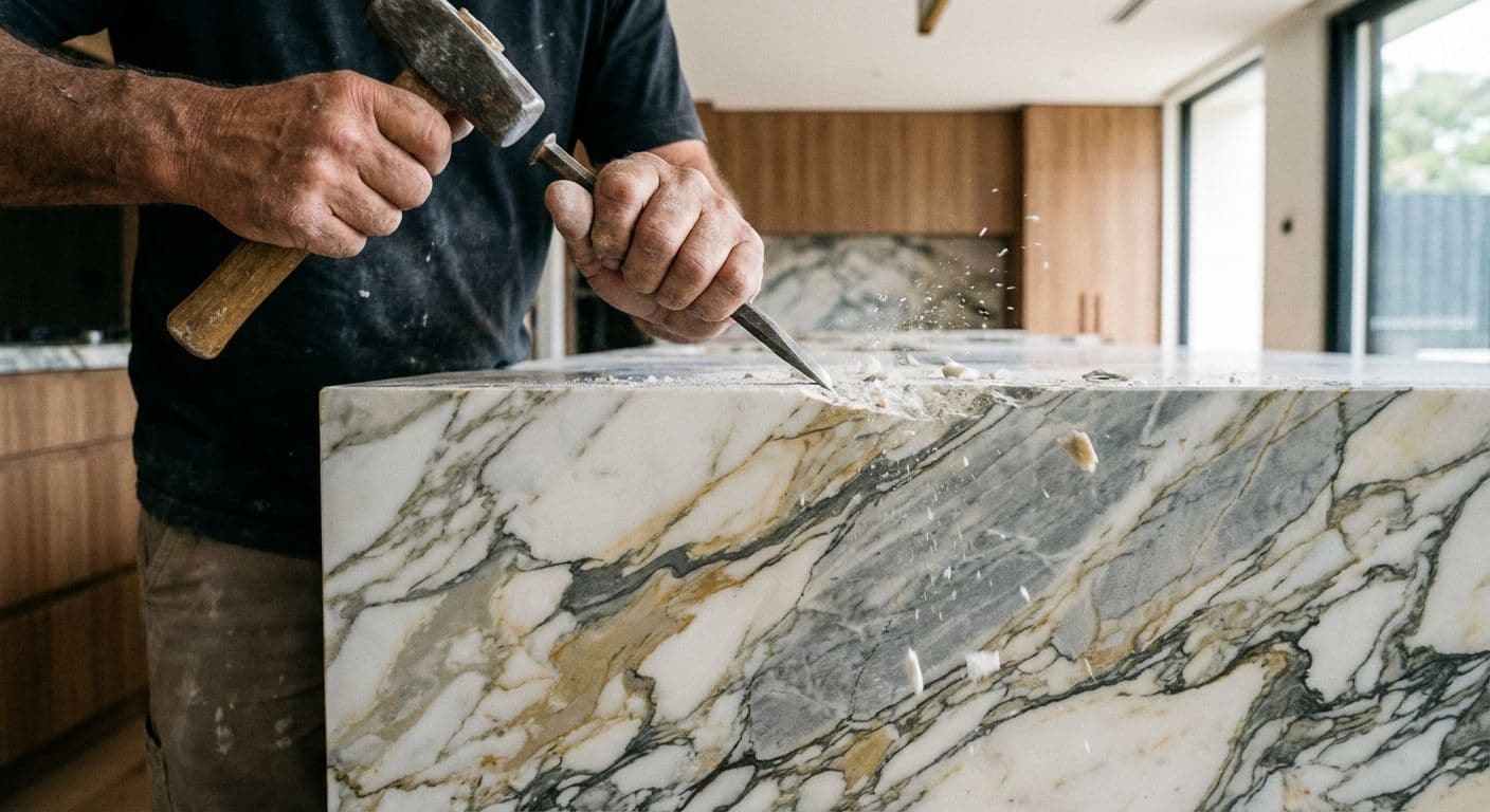 Close-up of a craftsman working on high-quality Calacatta marble for a luxury Australian kitchen.