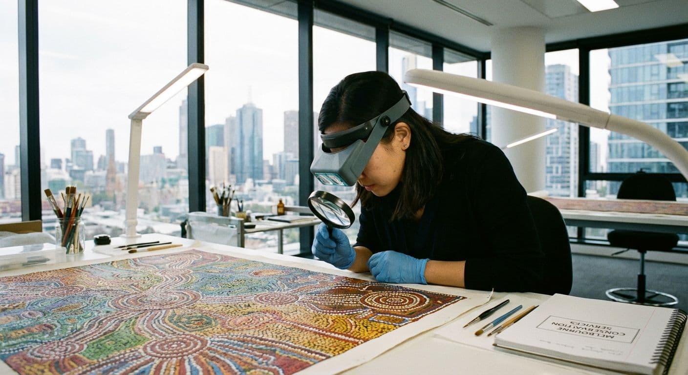 An art conservator examining a piece of Australian indigenous art to assess its condition and value.