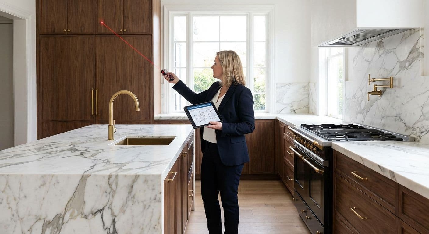 A professional valuer conducting a detailed inspection of a luxury interior for insurance purposes.