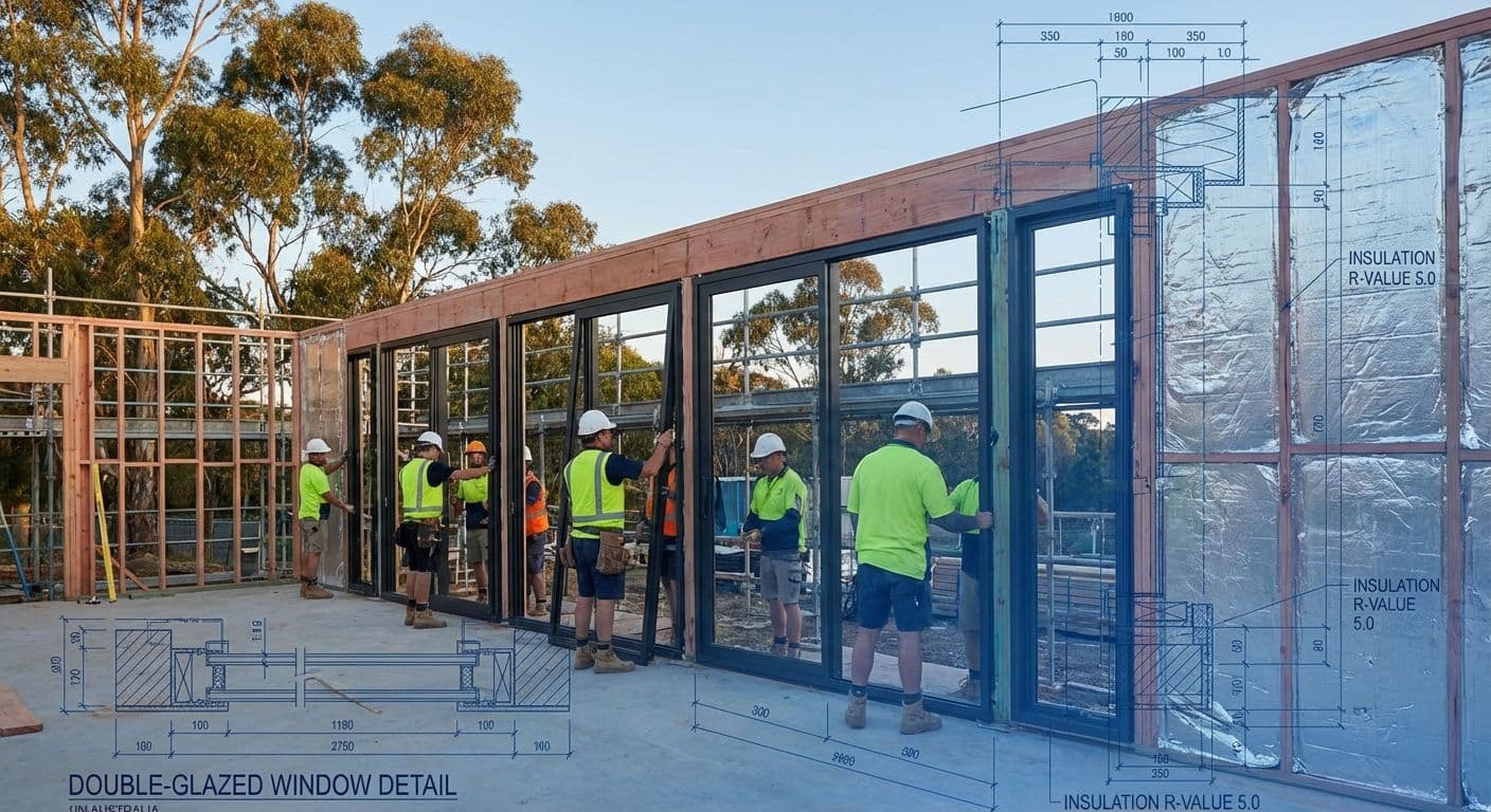 Technical construction details of a luxury home showing energy-efficient glazing and structural compliance elements.