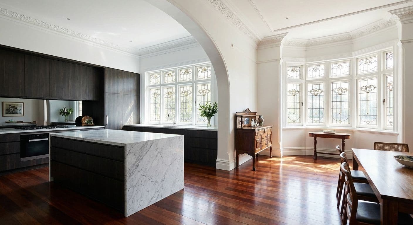 A modern luxury kitchen integrated into a heritage Federation-style Australian home, featuring original stained glass windows and ornate plaster ceilings.