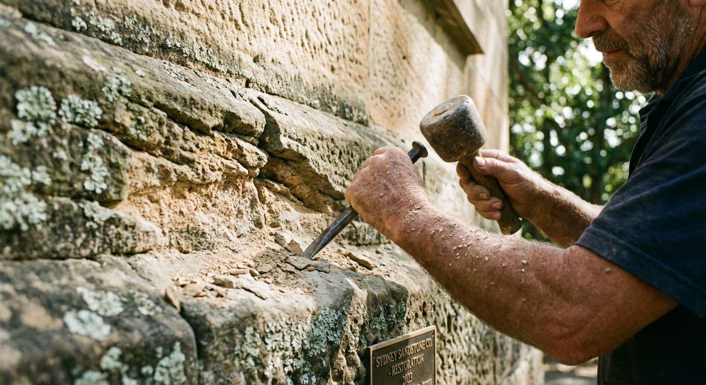 A close-up of a specialist stonemason artisan carefully carving and restoring traditional Sydney sandstone on a historic Australian property.