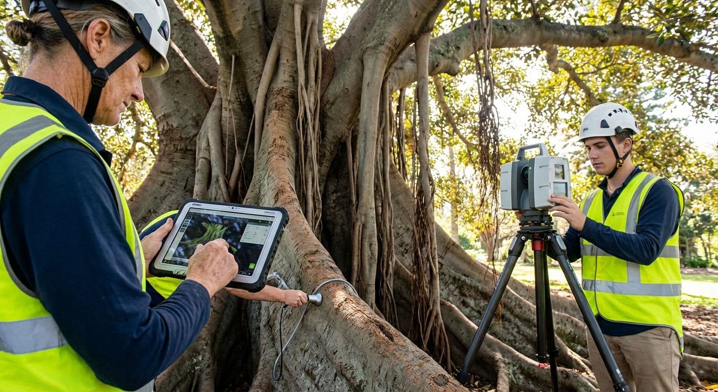 Specialists assessing the health and insurance value of a heritage Australian tree on a private estate.