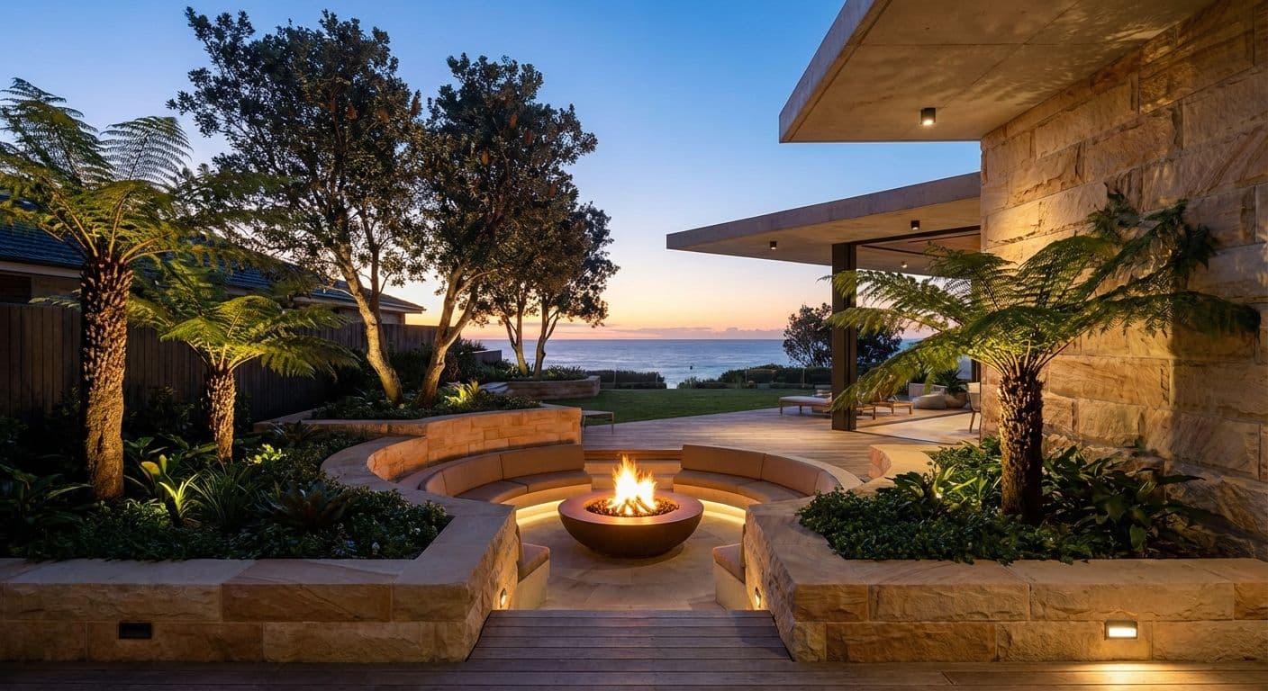 High-end Australian outdoor living space with sandstone masonry and professional lighting design.