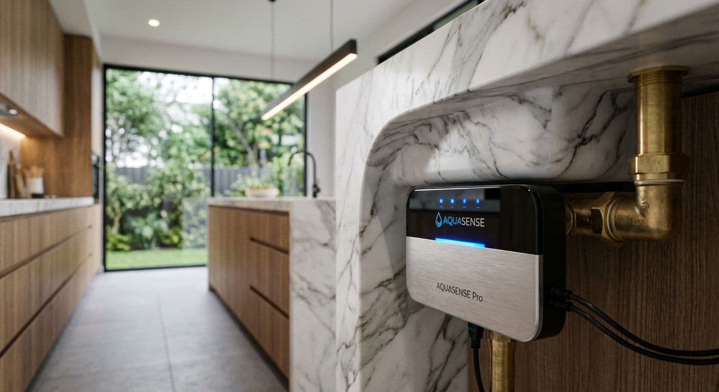 A smart leak detection device installed in a luxury kitchen to prevent water damage during unoccupancy.