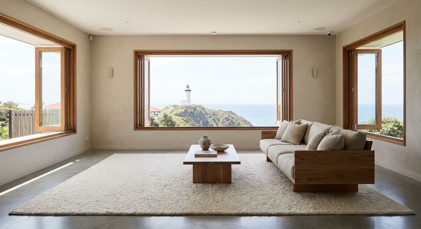 Interior of a luxury Byron Bay holiday home featuring smart security sensors and coastal views.