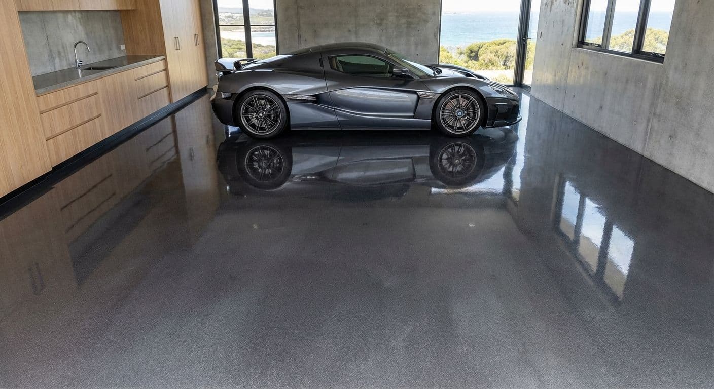 Seamless high-performance flooring in a luxury car showroom showing a mirror-like reflection.