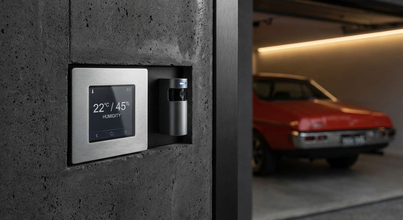 A smart climate control panel and security sensor inside a luxury automotive gallery.