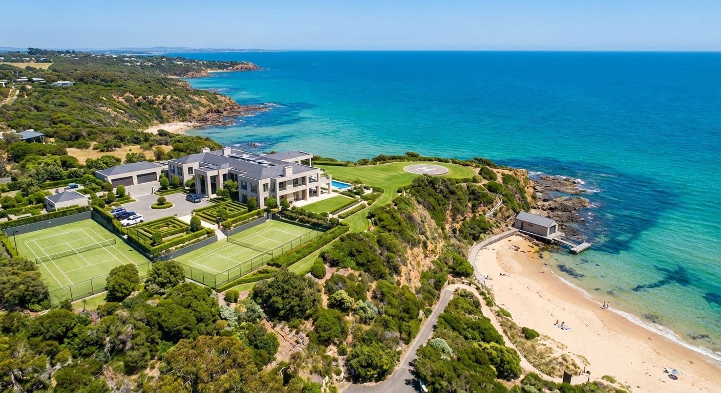 Aerial perspective of a premium Australian coastal estate with extensive amenities.