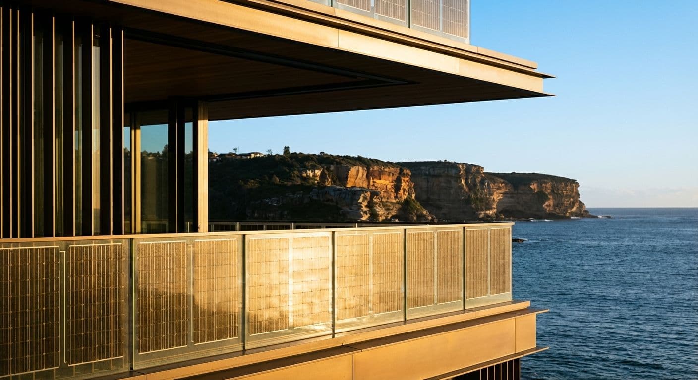 Close-up of building-integrated photovoltaic glass used in a luxury Australian coastal home.