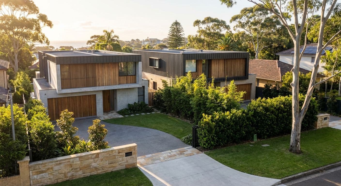 A contemporary dual-occupancy residential development in an Australian suburb, illustrating the trend of expanded family compounds.