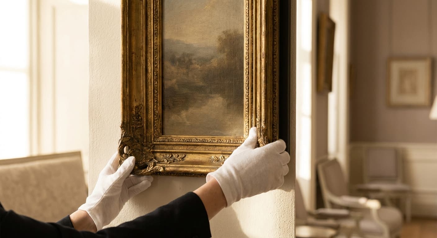 White-gloved hands carefully adjusting a large framed painting on a gallery wall