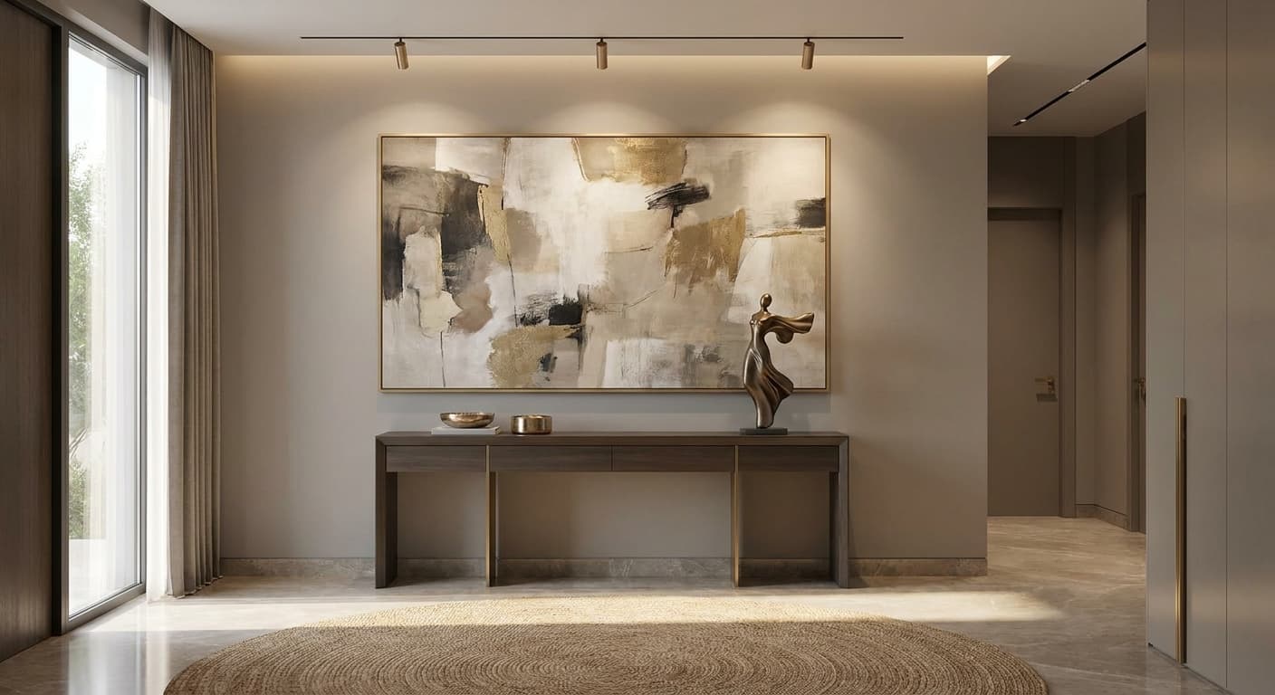 Contemporary artwork and a bronze sculpture in a sophisticated luxury home foyer