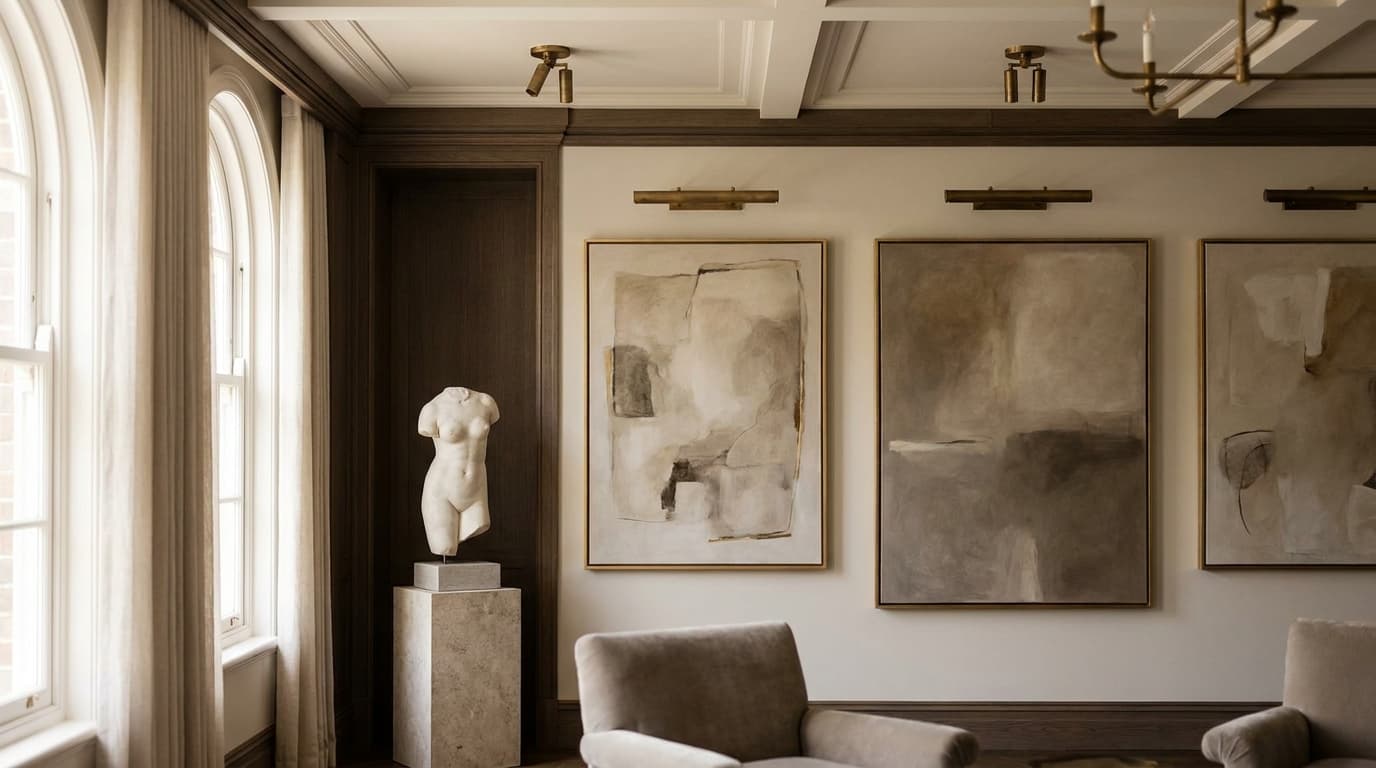 Private gallery wall with framed artworks and a classical sculpture in an elegant Australian home