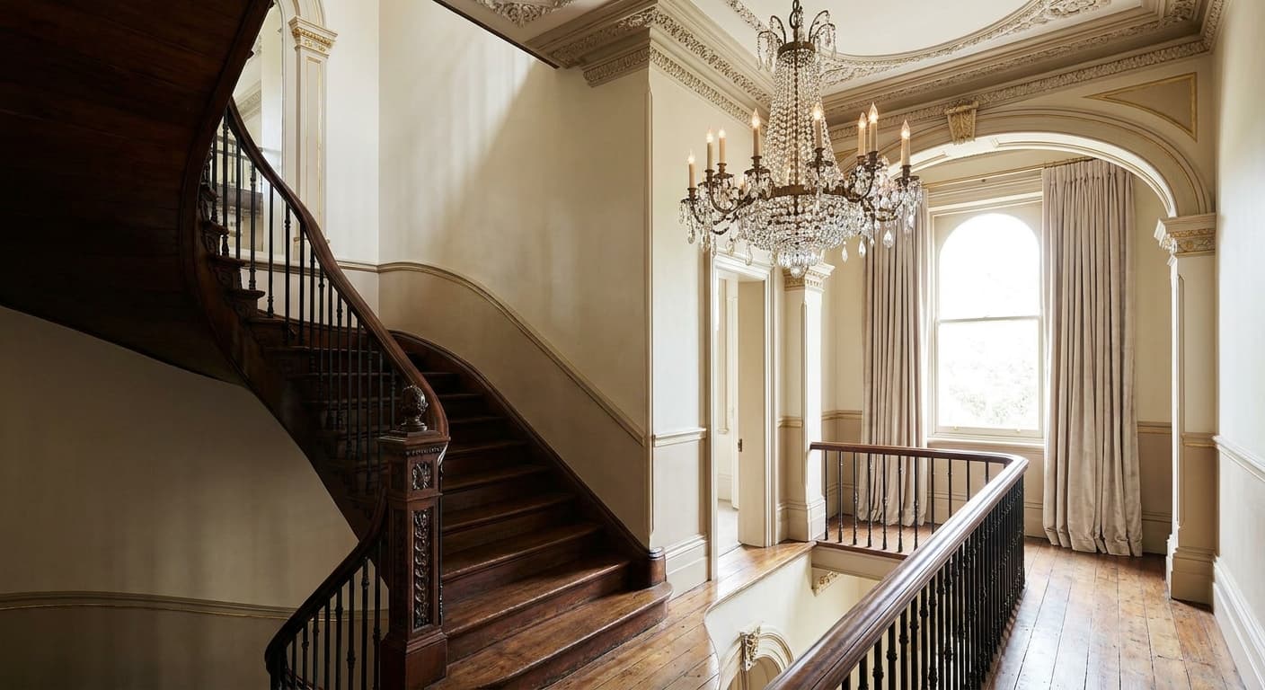 Ornate heritage interior with a sweeping period staircase and decorative ceiling cornices