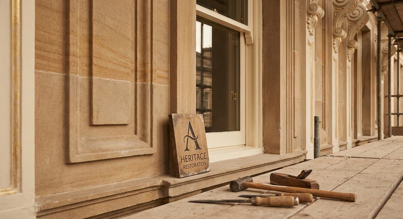 Craftsman restoring the detailed stonework and period mouldings of a heritage facade