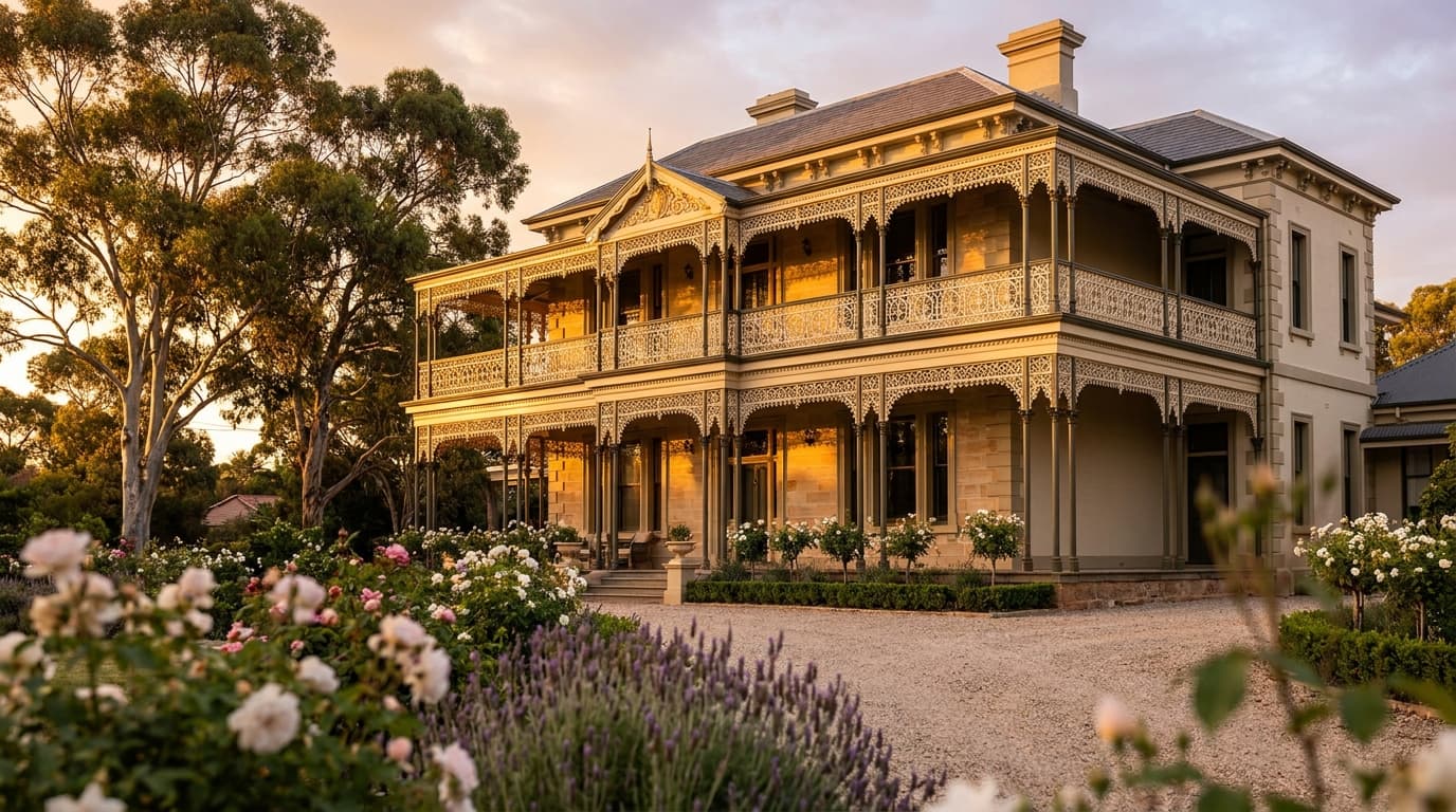 Restored Victorian-era Australian heritage mansion with ornate verandah at golden hour