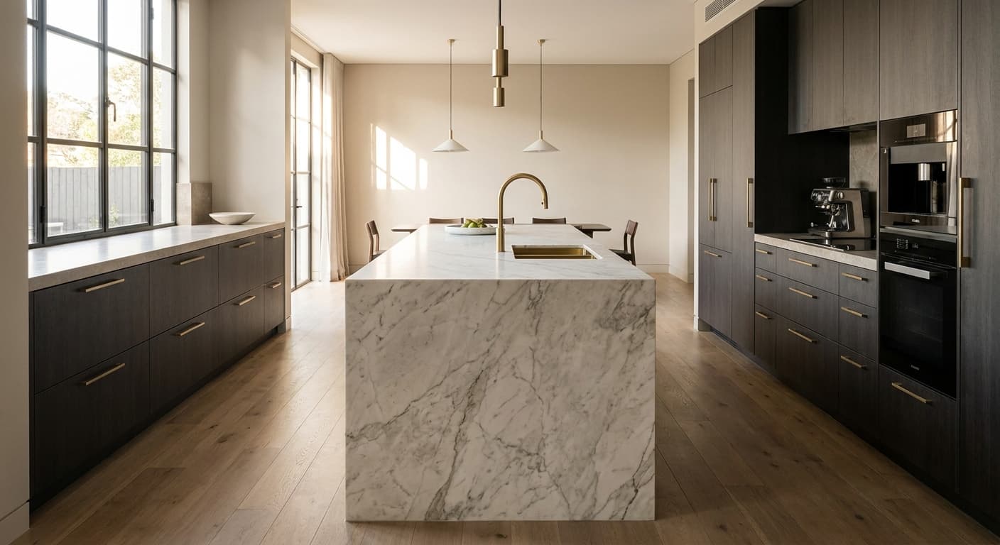 Luxury architectural kitchen with a marble island and premium appliances