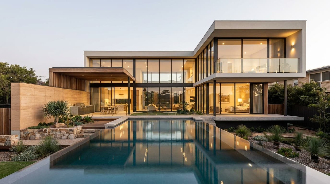 Modern architectural luxury Australian home with an infinity pool at dusk